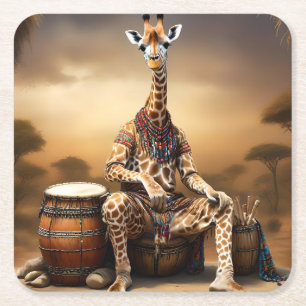 Dessous-de-verre Carré En Papier Giraffe Grooves : Une Sérénade Bongo dans la Savan