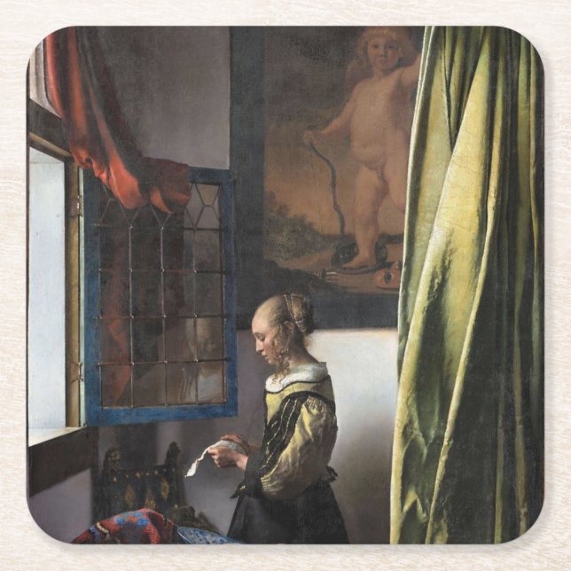 Dessous-de-verre Carré En Papier Girl Reading a Letter à Open Window, Vermeer (Devant)