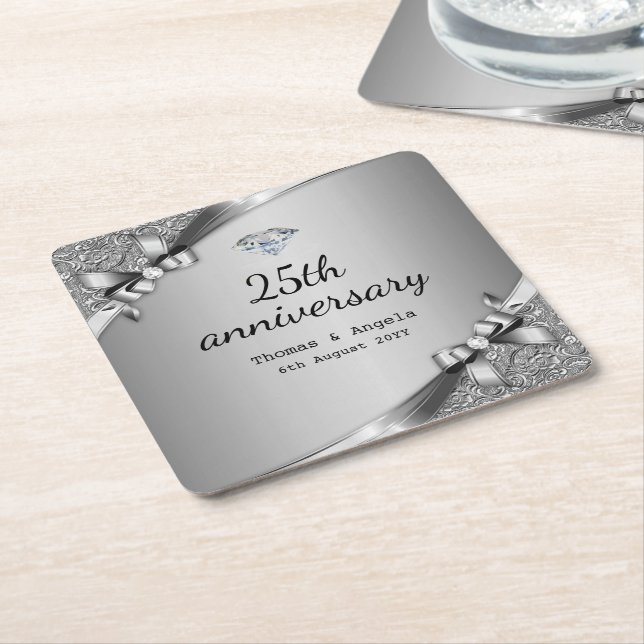 Dessous-de-verre Carré En Papier Glam 25e anniversaire de Faux Metallic Silver (Incliné)