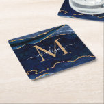 Dessous-de-verre Carré En Papier Glam Navy Blue Gold Agate Géode Parties scintillan<br><div class="desc">Glam Moderne Marine Bleu Parties scintillant or étincelant Agate Géode pierre Élégante Feminine Monogramme Nom du script Dessous de verre</div>