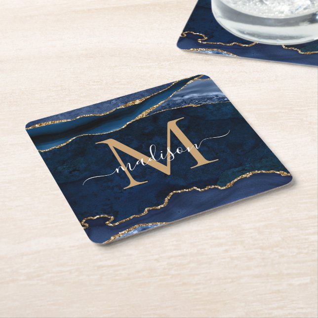 Dessous-de-verre Carré En Papier Glam Navy Blue Gold Agate Géode Parties scintillan (Incliné)