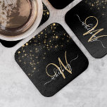 Dessous-de-verre Carré En Papier Glam Parties scintillant or étincelle Élégant Mono<br><div class="desc">Créez votre propre dessous de verre en papier brillant noir et or personnalisé avec votre monogramme et votre nom personnalisés.</div>