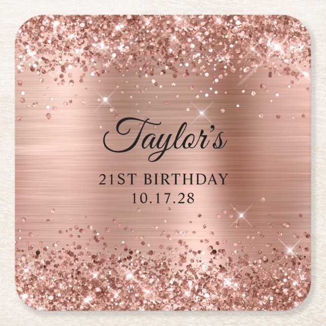 Dessous-de-verre Carré En Papier Glittery Rose Gold Foil 21st Birthday (Devant)