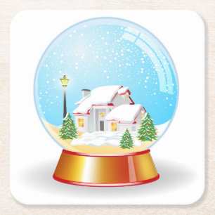 Dessous-de-verre Carré En Papier Globe de neige magique avec la maison sous la neig