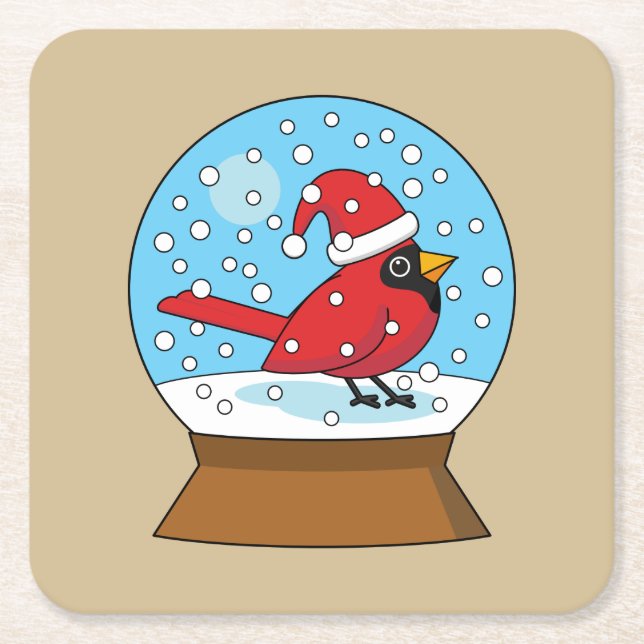 Dessous-de-verre Carré En Papier Globe des neiges avec cardinal rouge mignon (Devant)