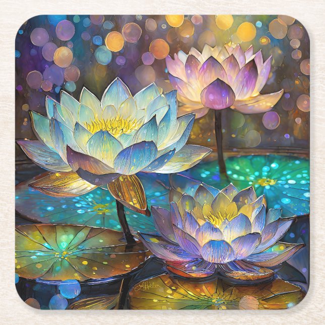 Dessous-de-verre Carré En Papier Glowing Lotus Flowers Trio (Devant)
