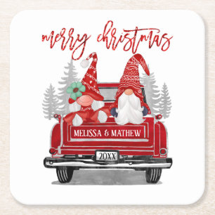 Dessous-de-verre Carré En Papier Gnome Couple Vintage Camion Rouge Joyeux Noël