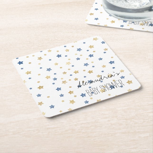 Dessous-de-verre Carré En Papier Gold Blue Starlight Stars Personalized Baby Shower (Incliné)