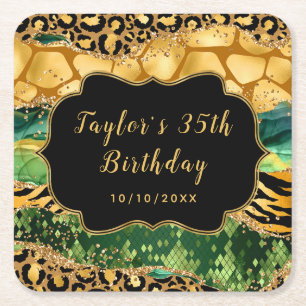 Dessous-de-verre Carré En Papier Gold et Green Safari Agate Anniversaire