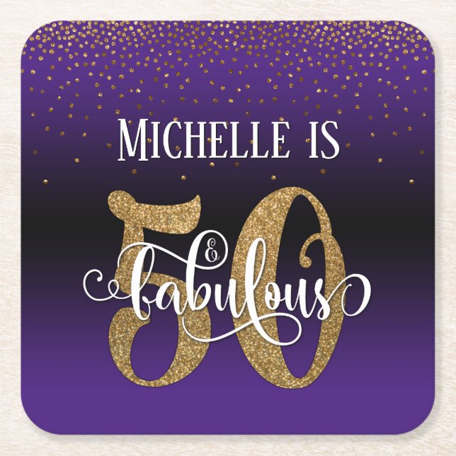 Dessous-de-verre Carré En Papier Gold Faux Parties scintillant 50 & Fabulous Purple (Devant)