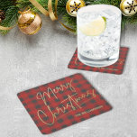 Dessous-de-verre Carré En Papier Gold Joyeux Noël Rouge Buffle<br><div class="desc">Joyeux texte de Noël dans un faux script de feuille d'or et votre nom en lettres chic sont présentés sur ces dessous de verre de papier motif de buffle rouge et gris,  parfait pour les vacances. CORRESPONDRE des articles dans notre magasin.</div>