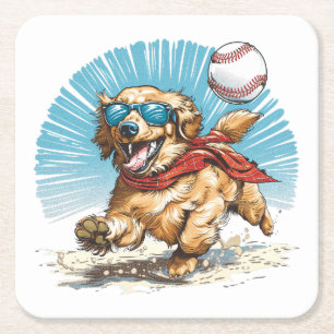 Dessous-de-verre Carré En Papier Golden Retriever Chien Jouant Au Baseball