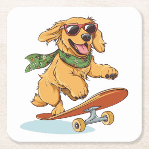 Dessous-de-verre Carré En Papier Golden Retriever Chien Skateboard