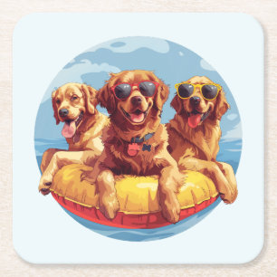 Dessous-de-verre Carré En Papier Golden Retriever Dogs - Flottes de la piscine d'ét