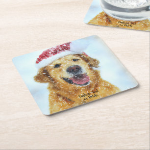 Dessous-de-verre Carré En Papier Golden Retriever, Noël Santa hat texte personnalis