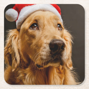 Dessous-de-verre Carré En Papier Golden retriever posant pour son Noël