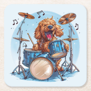 Dessous-de-verre Carré En Papier Goldendoodle Chien Jouant de la Batterie