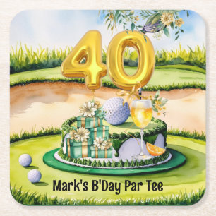 Dessous-de-verre Carré En Papier Golf 40e anniversaire avec gâteau sur le terrain d