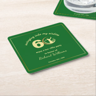 Dessous-de-verre Carré En Papier Golf Classic Vert Joueur Doré 60e Anniversaire  In