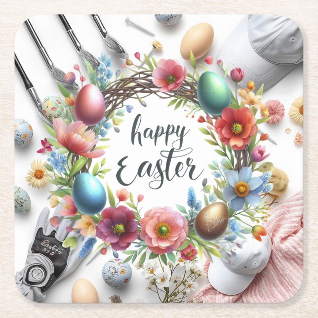 Dessous-de-verre Carré En Papier Golf Easter eggs balls and flower and equipment (Devant)