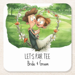 Dessous-de-verre Carré En Papier Golf Faisons un Par avec les mariés sur le parcour