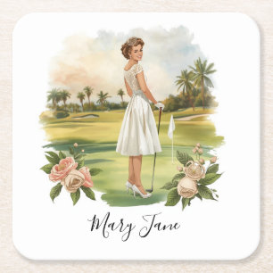 Dessous-de-verre Carré En Papier Golf Femme golfeuse sur parcours de golf Nuptial