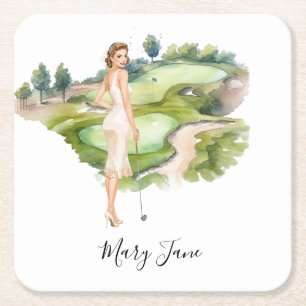 Dessous-de-verre Carré En Papier Golf Femme golfeuse sur parcours de golf Nuptial