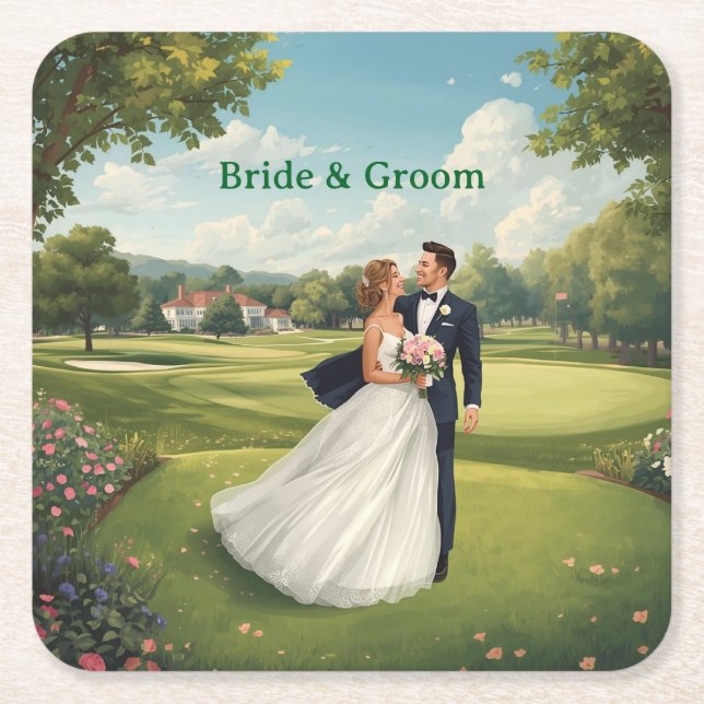 Dessous-de-verre Carré En Papier Golf Wedding Party with Bride & Groom on Green (Devant)