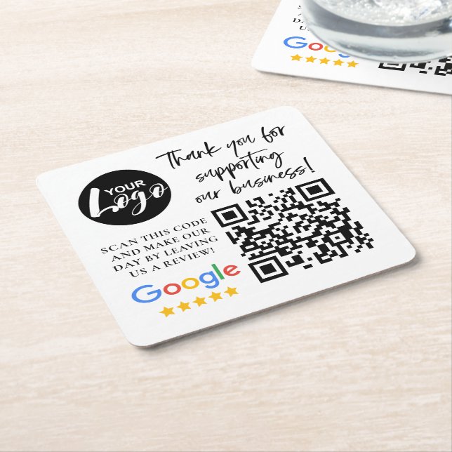Dessous-de-verre Carré En Papier Google Reviews Merci Logo Code QR (Incliné)