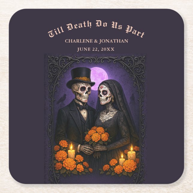 Dessous-de-verre Carré En Papier Gothic Sugar Skulls Couple Wedding (Devant)