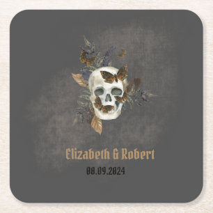 Dessous-de-verre Carré En Papier Gothique Floral Mariage papillons crâne