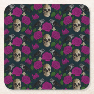 Dessous-de-verre Carré En Papier Gothique foncé Grungy Vins Roses Corbeau crâne ros