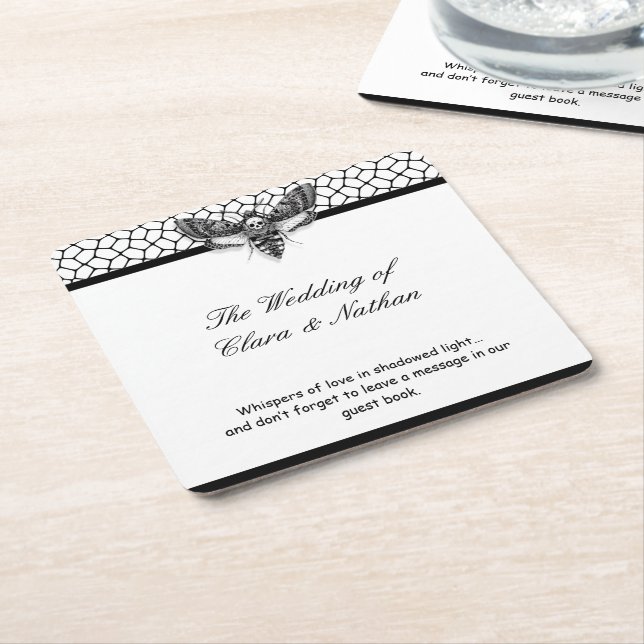 Dessous-de-verre Carré En Papier Gothique Moth Mariage crâne - Dark Elegant (Incliné)