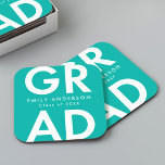 Dessous-de-verre Carré En Papier Grad Grad Turquoise Grad Graduise Party<br><div class="desc">Dessous de verre de papier gradué sur mesure avec "Grad" en caractères blancs gras avec arrière - plan turquoise. Personnalisez les dessous de verre de graduation en ajoutant le nom et l'année de graduation du diplômé. Les dessous de verre de remise de diplômes personnalisés sont parfaits pour les fêtes de...</div>