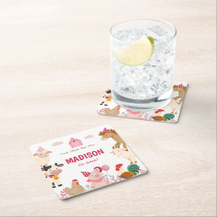 Dessous-de-verre Carré En Papier Grange d'animaux de ferme roses à thème fête d'ann