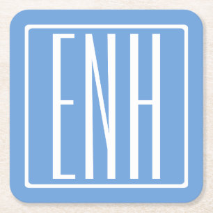 Dessous-de-verre Carré En Papier Gras moderne 3 initiales Monogramme Bleu doux