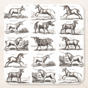 Dessous-de-verre Carré En Papier Gravure de licorne antique Spécimen de zoologie vi