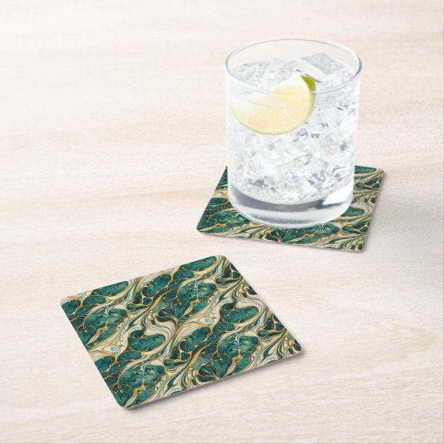 Dessous-de-verre Carré En Papier Green and gold marble design coasters (En situation)