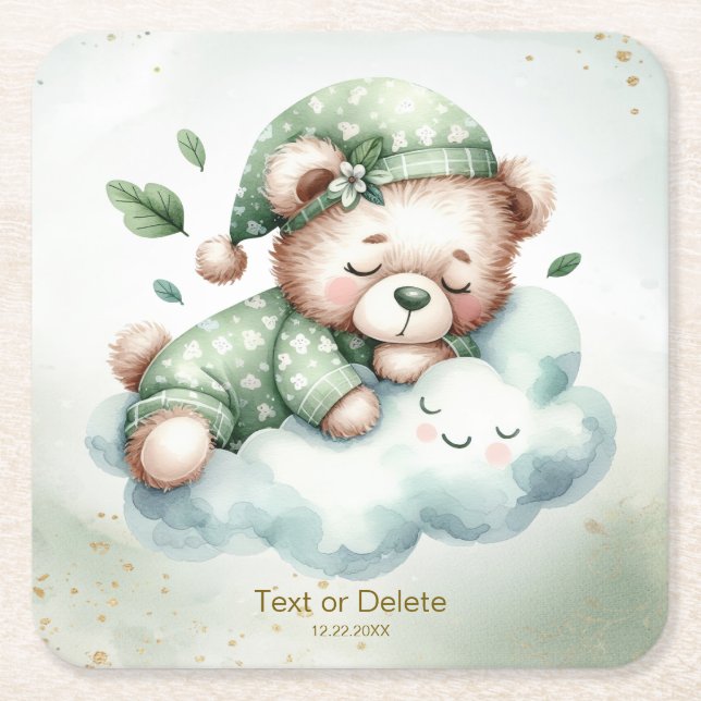 Dessous-de-verre Carré En Papier Green Boho Sleeping Teddy Bear mignonne Party (Devant)