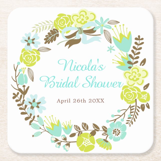 Dessous-de-verre Carré En Papier Green & Brown Floral Wreath Bridal Shower (Devant)