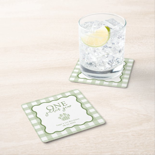 Dessous-de-verre Carré En Papier Green Gingham One Golden Year First Birthday (En situation)