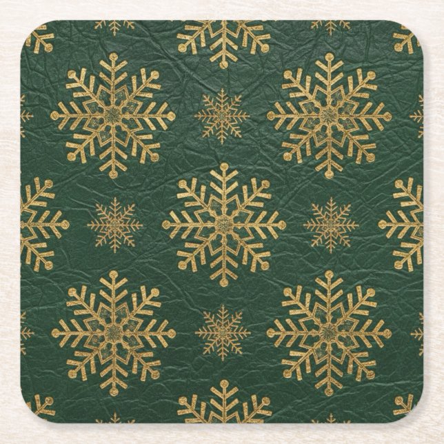 Dessous-de-verre Carré En Papier Green Leather Tooled with Gold Snowflakes (Devant)