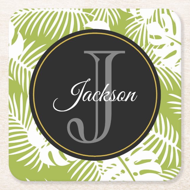 Dessous-de-verre Carré En Papier Green Palm Feuille Rainforest Motif Monogram (Devant)