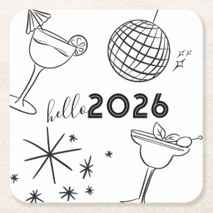 Dessous-de-verre Carré En Papier Gribouillages Capricieux Bonjour 2026 Nouvel An Or