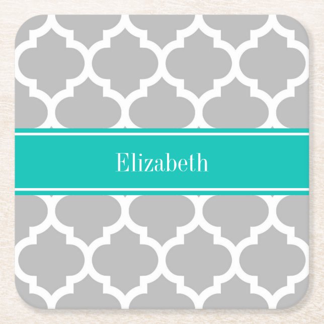 Dessous-de-verre Carré En Papier Gris Blanc Marocain #5 Nom Turquoise Monogramme (Devant)