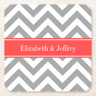 Dessous-de-verre Carré En Papier Gris foncé Lg Chevron Coral Nom rouge Monogramme
