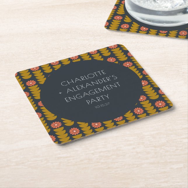 Dessous-de-verre Carré En Papier Groovy Rétro Fleurs Années 70 Fête de Fiançailles  (Incliné)