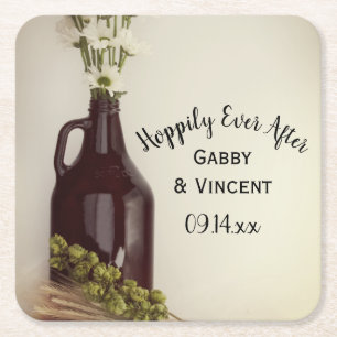 Dessous-de-verre Carré En Papier Growler, Hops et Daisies Brasserie Mariage