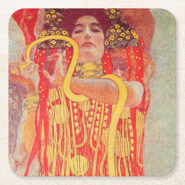 Dessous-de-verre Carré En Papier Gustav Klimt Red Woman Gold Snake Peinture (Devant)