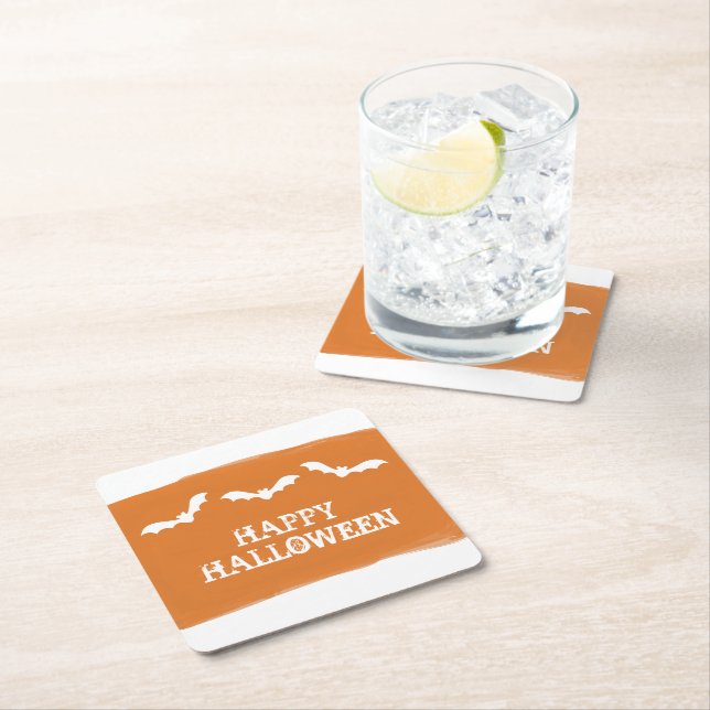 Dessous-de-verre Carré En Papier Halloween Bats d'aquarelle blanche orange (En situation)